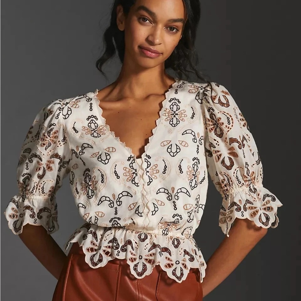 By Anthropologie eyelet embroidered blouse peplum size XXS
